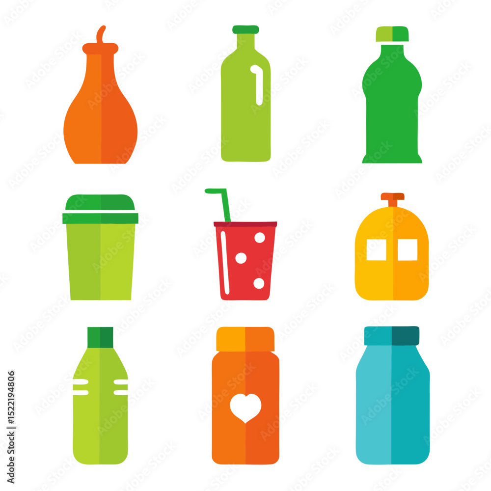 Poster colorful minimalist vector icons of varied containers and bottles