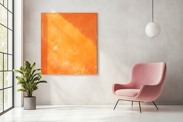 Sunlight illuminates a soft pink chair and vibrant orange art in a minimalistic room