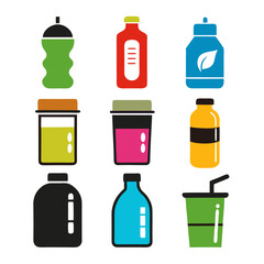 Brightly colored cartoon style bottle and cup illustration