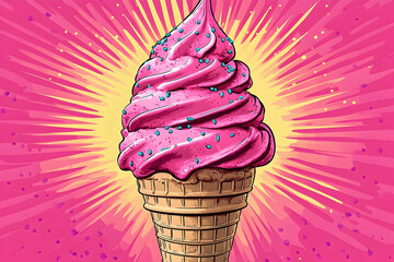 Pink swirl ice cream in a waffle cone set against a radial pink and yellow background