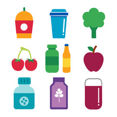 Colorful flat vector collection of healthy food and drinks