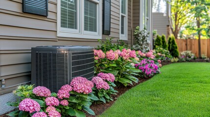 Fototapeta premium Home AC unit beside vibrant pink hydrangeas