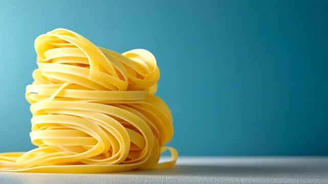A Close-Up of a Stack of Tagliatelle Pasta Against a Teal Background