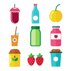 Flat vector set of stylized food and beverage icons