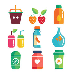 Various colorful beverages and fruits arranged on white background