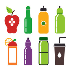 Flat icon assortment of colorful drinks and fruits