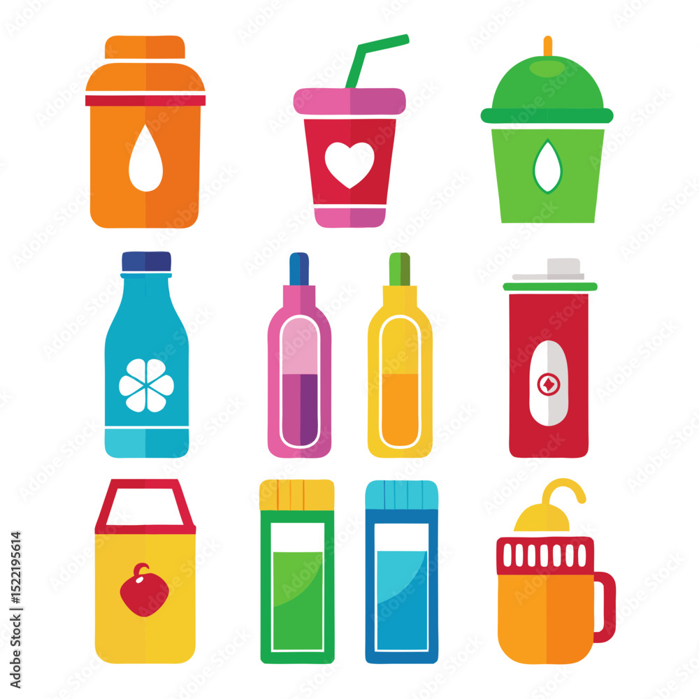 Poster collection of colorful container icons with simple flat design