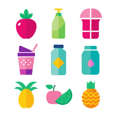 Colorful flat icons of fruit and drink products design