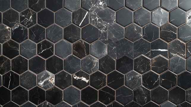 Seamless Dark Marble Hexagon Tiles Stylish Black Marble Pattern, Modern Mosaic Backsplash Design