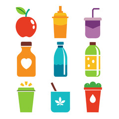 Colorful healthy drink and food icon vector illustration set