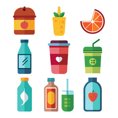 Assorted beverages in flat vector style on white backdrop