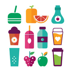 Colorful and creative drinks and fruits flat design illustration