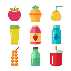 Colorful flat design fruit and beverage icons on white