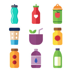 Colorful bottles and containers in flat vector illustration style