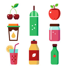 Flat vector illustrations of various summer and healthy beverages