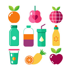 Colorful assortment of stylized fruit icons and beverages