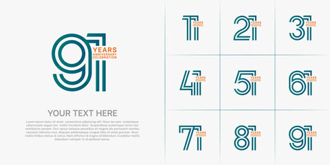 Anniversary logo set with double line number style. green and orange color can be use for special moment