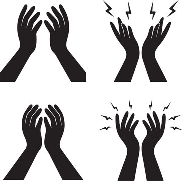 Four simple black silhouettes of hands showing different gestures.