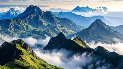 Snow-covered mountain range rising above clouds in early morning light with mist and depth. - Powered by Adobe
