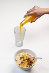Colorful top-view bowl of fresh fruit, oats, and seeds showcasing a healthy, organic, vegan breakfast rich in vitamins and fiber.