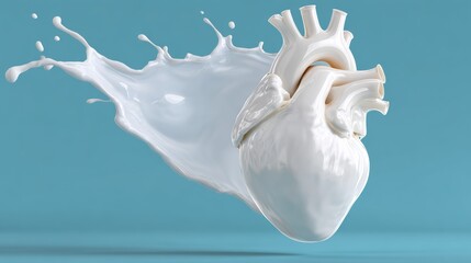 Heart is floating in a splash of milk. The heart is white and the splash is blue