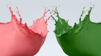 Two colors of paint splashing together in a bowl. The pink and green colors are mixing together to create a new color