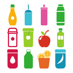 Assortment of colorful fruity beverage containers and fruit icons