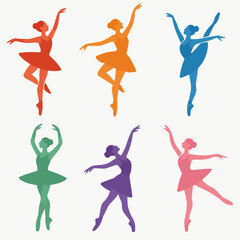 Graceful Ballerina Poses: A vibrant collection of illustrations showcasing elegant ballet dancers in mid-motion, each figure exquisitely rendered in a single color.