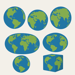Earth globes: A collection of varied earth globes showcasing the planet's shape and forms, from spheres to a cube, presented in a colorful illustration suitable for educational or design projects.
