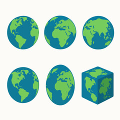 Earth globes: A collection of varied earth globes showcasing the planet's shape and forms, from spheres to a cube, presented in a colorful illustration suitable for educational or design projects.