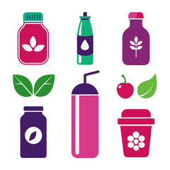 Various stylized drink containers and fruit with leaf isolated