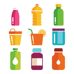 Colorful flat design bottles and glasses vector illustration set