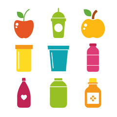 Colorful healthy drinks and fruits arranged neatly on white