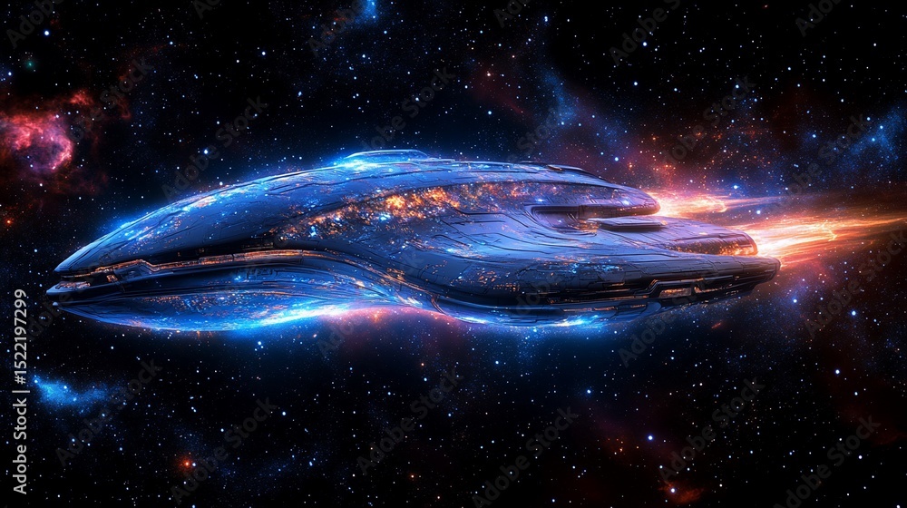 Poster futuristic spaceship soaring through a vibrant nebula in deep space scene
