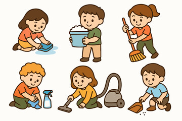 Set Vector Cleaning with Care: A delightful illustration captures the essence of cleanliness as depicted by six cute children engaged in various household chores. The scene radiates warmth, joy.