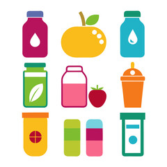 Bright and cheerful icons of fruit and beverages