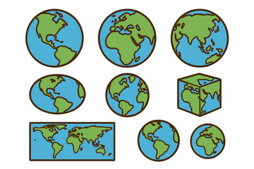 Earth globes: A collection of varied earth globes showcasing the planet's shape and forms, from spheres to a cube, presented in a colorful illustration suitable for educational or design projects.