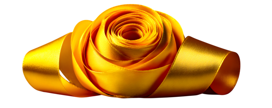 Curled yellow satin ribbon with realistic folds and soft shadows, isolated on transparent background --ar 5:2 --v 7.0 --p 537mr6h --s 250