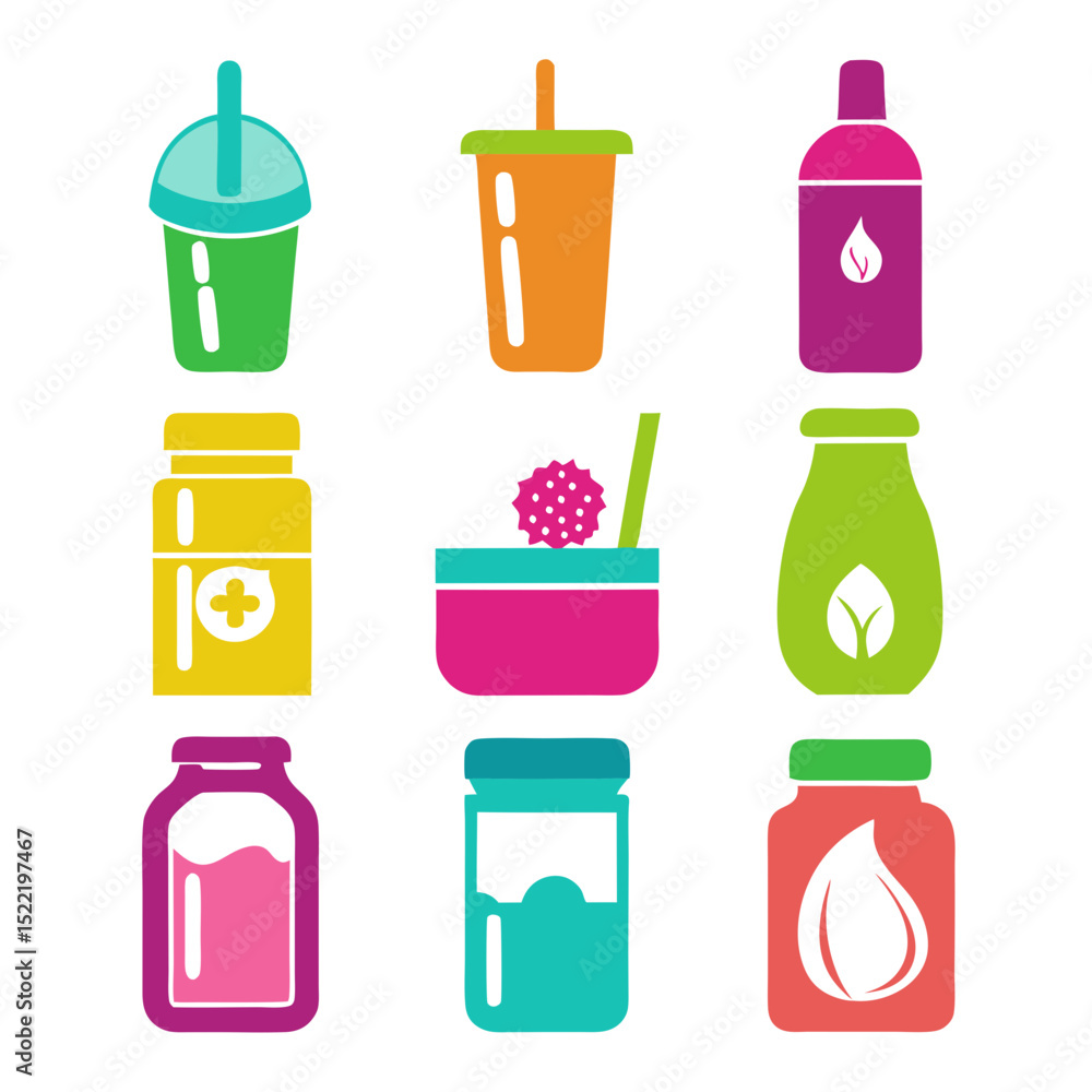 Poster flat design icons of assorted beverages and jars set
