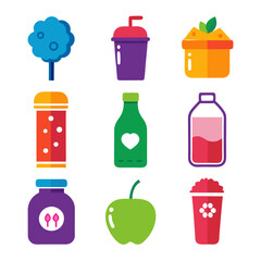 Colorful flat design icons of food and beverage products