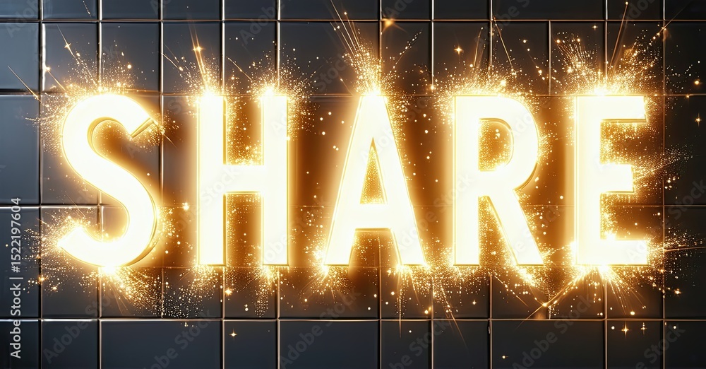 Leinwandbilder bright golden share text glows against dark tiled background. sparks radiate from letters, creating 