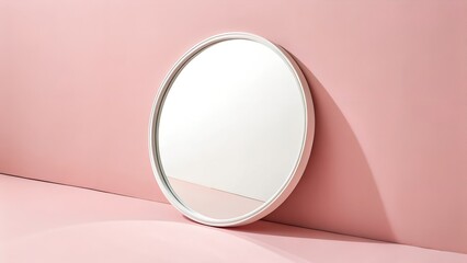 Flat round mirror lying flat on soft pink or nude background, reflecting white light, elegant minimalism
