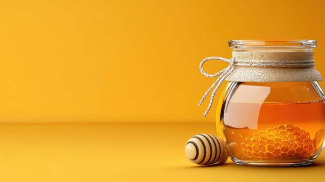 Golden honeycomb inside a clear container on a warm yellow background. Food packaging, green options, nutritious eating, organic items. Space for text, blank area for custom copy.