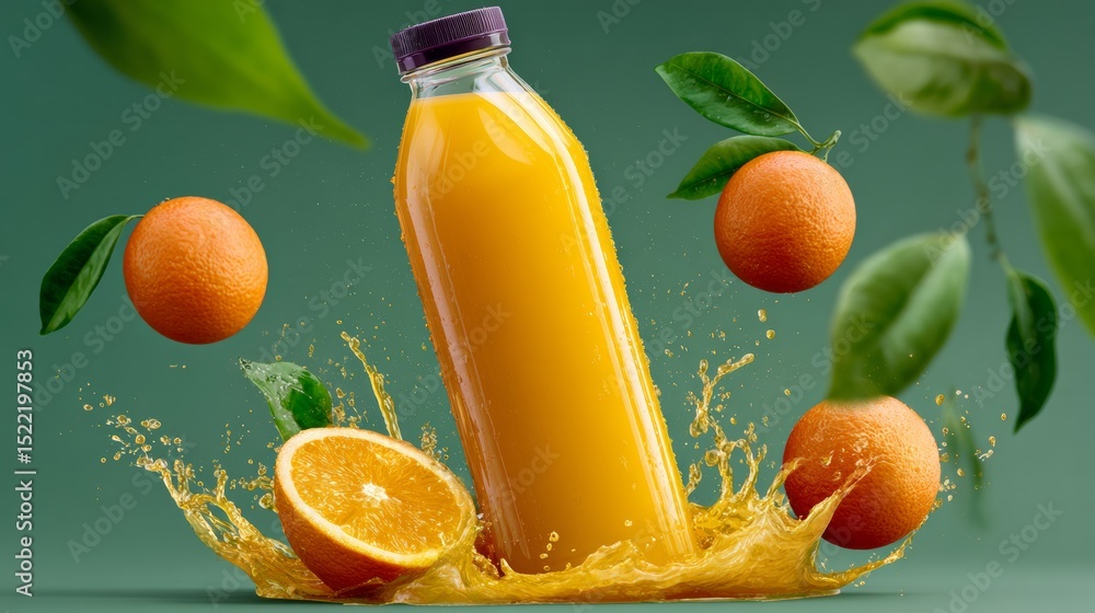 Poster bottle of orange juice is surrounded by oranges and a splash of orange juice. concept of freshness a