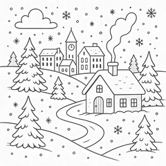 Charming Winter Village Snow Scene Coloring Page Illustration