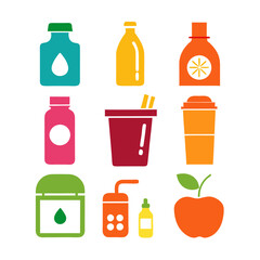 Colorful Flat Design Drinks and Beverage Illustration on White