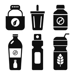 Assorted black and white drink containers and bottles icons