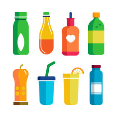 Assortment of colorful bottled and glass drinks flat illustration