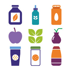Vitamins and supplement bottles flat icons, healthy lifestyle concept