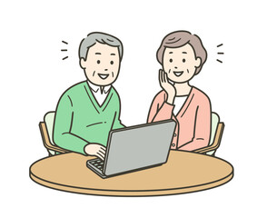 ノートパソコンを笑顔で操作する高齢男性と見守る高齢女性の上半身イラスト